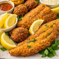 Southern Fried Catfish with crispy cornmeal coating served on a plate.