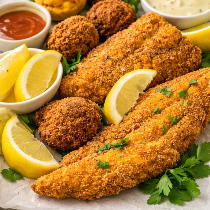 Southern Fried Catfish with crispy cornmeal coating served on a plate.