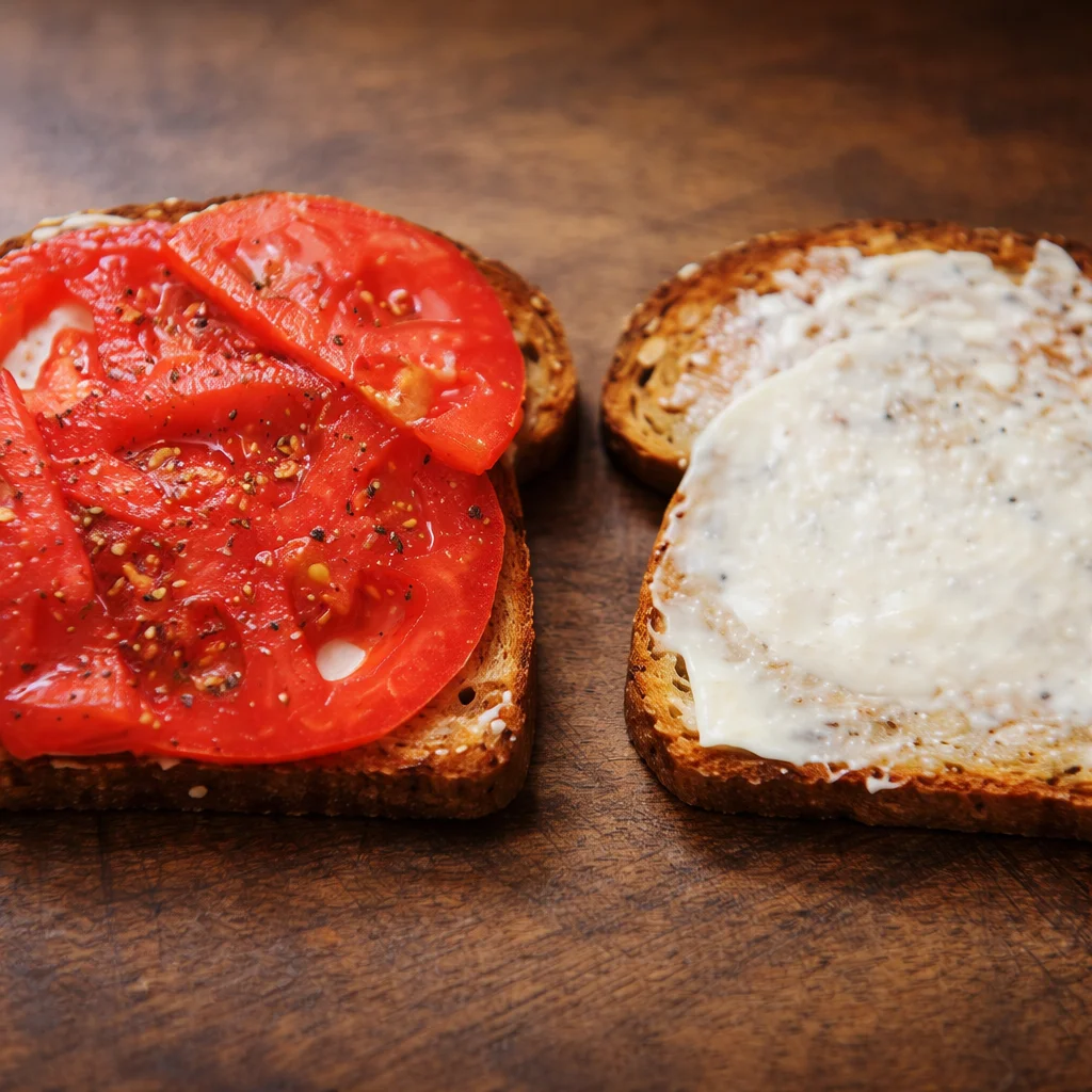 Delicious tomato sandwich made with ripe tomatoes, creamy mayo, and whole grain toast.
