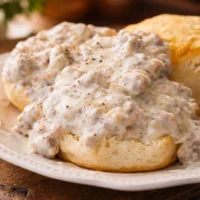 Homemade Sausage Gravy with Biscuits, a comforting Southern breakfast dish.