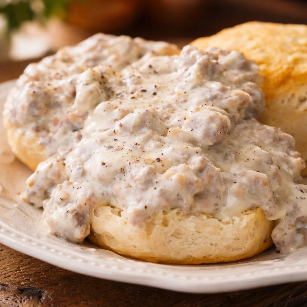 Homemade Sausage Gravy with Biscuits, a comforting Southern breakfast dish.