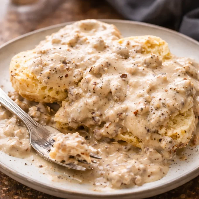 Delicious homemade biscuits and gravy topped with creamy sausage gravy.